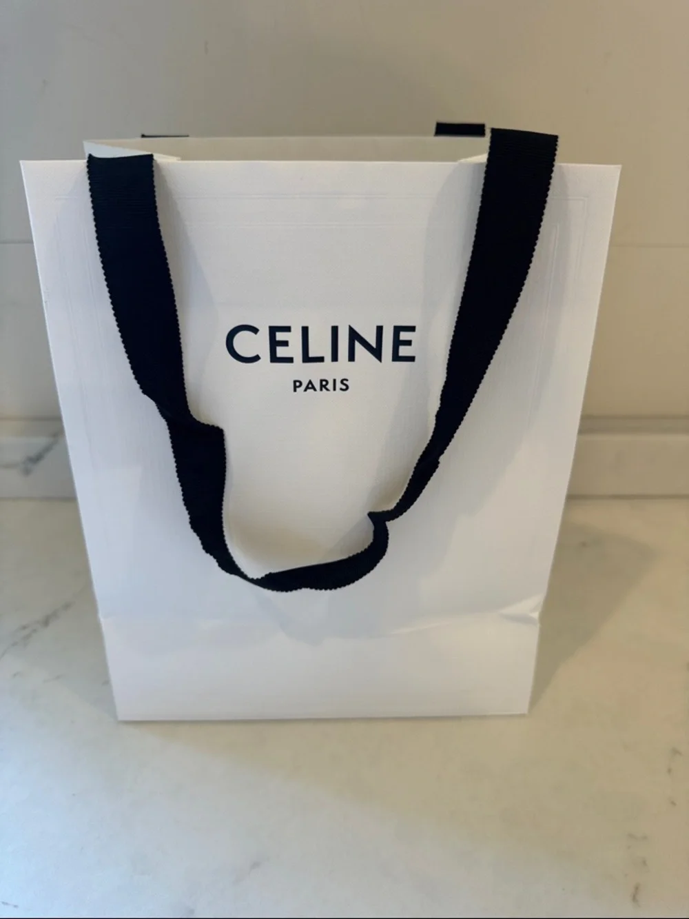Celine White Shopping Bag with Black Ribbon Handles 10x8x5